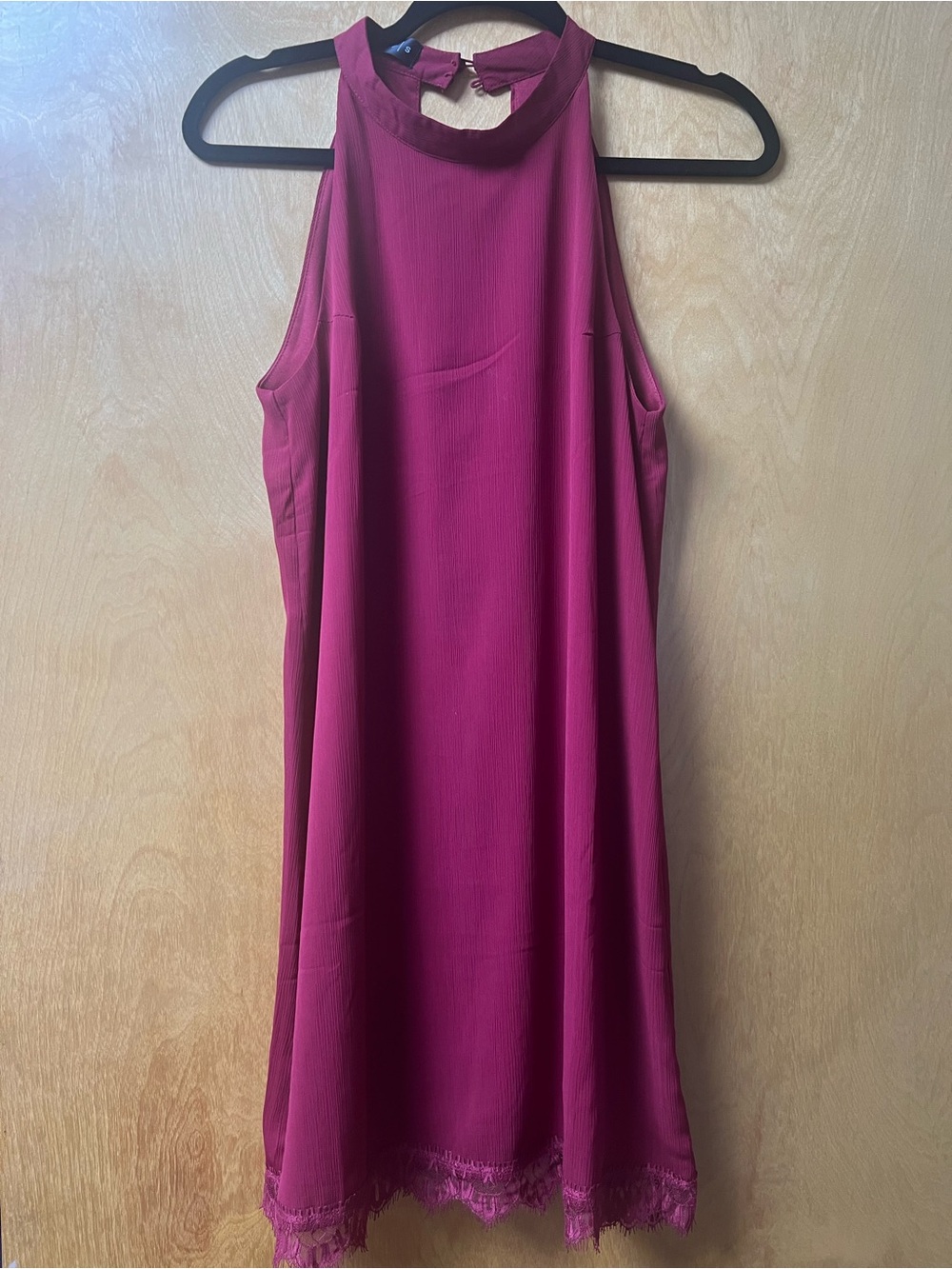Sleeveless Magenta Halter Wedding Guest Cocktail Dress with Lace Hem size small